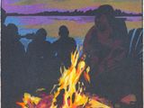 un tableau représentant un groupe de personnes assises autour d'un feu de camp