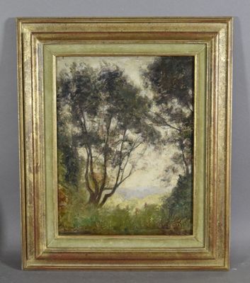 un tableau représentant deux arbres dans un champ, avec le ciel en arrière-plan