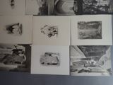 several black and white photographs of people on a blue surface