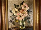a painting of flowers in a vase on a table