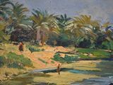 a painting of a man standing on the bank of a river