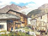 a painting of a mountain village with a mountain in the background