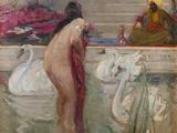 un tableau représentant une femme dans une baignoire avec des cygnes