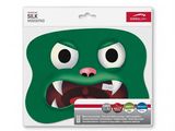 a green monster mask with big eyes and fangs