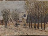 une image représentant un tableau d'une route enneigée avec un cheval et une calèche