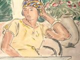a drawing of a woman sitting at a table with a vase of flowers