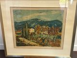 tableau représentant un paysage désertique avec des arbres et des montagnes en arrière-plan