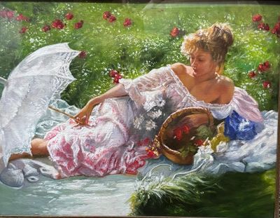 un tableau représentant une femme allongée sur une couverture, avec un parapluie