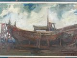 a painting of a boat on display in a museum