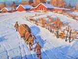un tableau représentant un cheval tirant un traîneau dans la neige