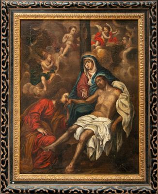 a painting of a woman sitting on a man ' s lap with angels around her