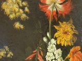 a painting of flowers in a vase on a table