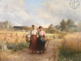 un tableau représentant deux femmes marchant sur un chemin de terre