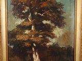 an oil painting of a tree in a field with a sky background