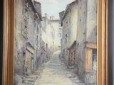 an oil painting of a narrow street in an old town