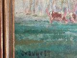 an oil painting of a group of deer in a field of grass