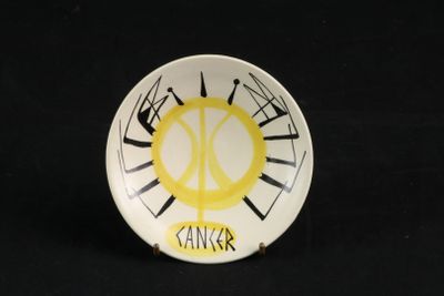 une assiette blanche ornée d'un motif jaune et noir
