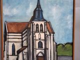 un tableau représentant une église avec un clocher