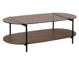 une table basse en verre et en bois avec une étagère en dessous