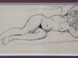drawing of a nude woman laying on a bed with a pillow