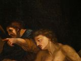 painting of a man kneeling down next to a naked woman