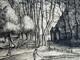 a drawing of a man walking down a path in the woods