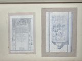 two framed pictures of a man and a woman sitting on a bench