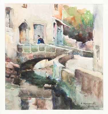 aquarelle représentant un homme assis sur un pont au-dessus d'une rivière