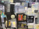 abstract painting of a cityscape with buildings and a clock