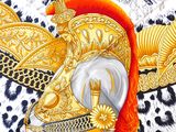 a painting of a gold helmet on a leopard print table cloth