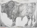 a drawing of a bull that is standing in the grass