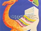 une affiche représentant un chameau avec un parapluie sur la plage