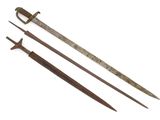 three old swords with a wooden handle and a metal handle