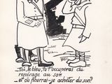 an old cartoon drawing of a man and a woman standing next to a gun