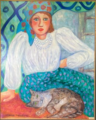 tableau représentant une femme avec un chat sur les genoux