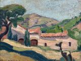 an oil painting of a farm scene with a cow in the foreground