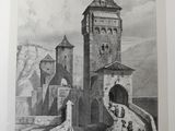 an old black and white drawing of a castle on a hill