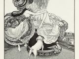 a drawing of a woman sitting on a chair with a cat