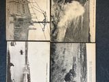 four black and white photos of a man on a boat in the water