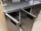 stainless steel counter top in a commercial kitchen with stainless steel cabinets