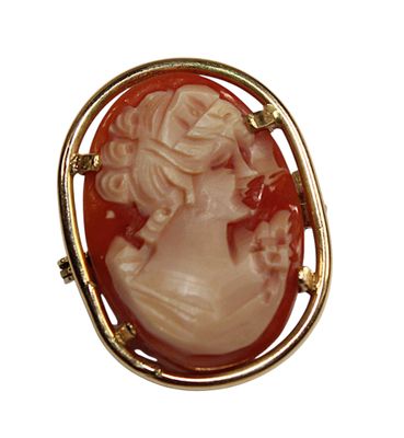 une image représentant le profil d'une femme sur une broche en camée rouge