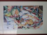 a picture of a painting of a bowl of fruit on a table