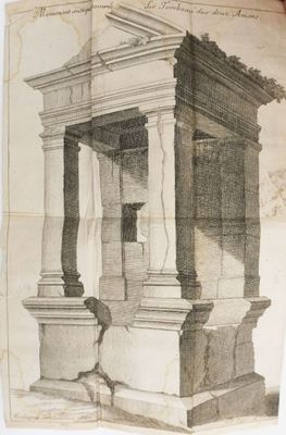 un vieux dessin représentant un bâtiment avec des colonnes, sur le toit duquel est perché un oiseau