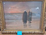 painting of two people walking on a beach with a sunset in the background