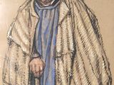 tableau représentant un vieil homme coiffé d'un chapeau et vêtu d'un manteau, tenant une canne
