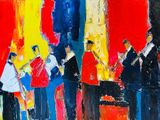 tableau représentant un groupe de personnes jouant de la musique dans une rue de la ville