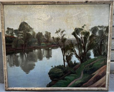 une peinture à l'huile représentant une scène fluviale avec des arbres au premier plan