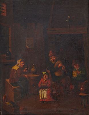 une vieille peinture représentant un groupe de personnes assises autour d'une table