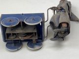 a small toy train with wheels and a toy plane