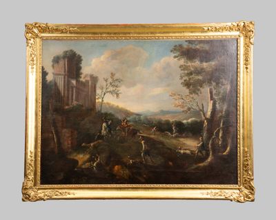 painting of a landscape with figures and animals in a wooded setting